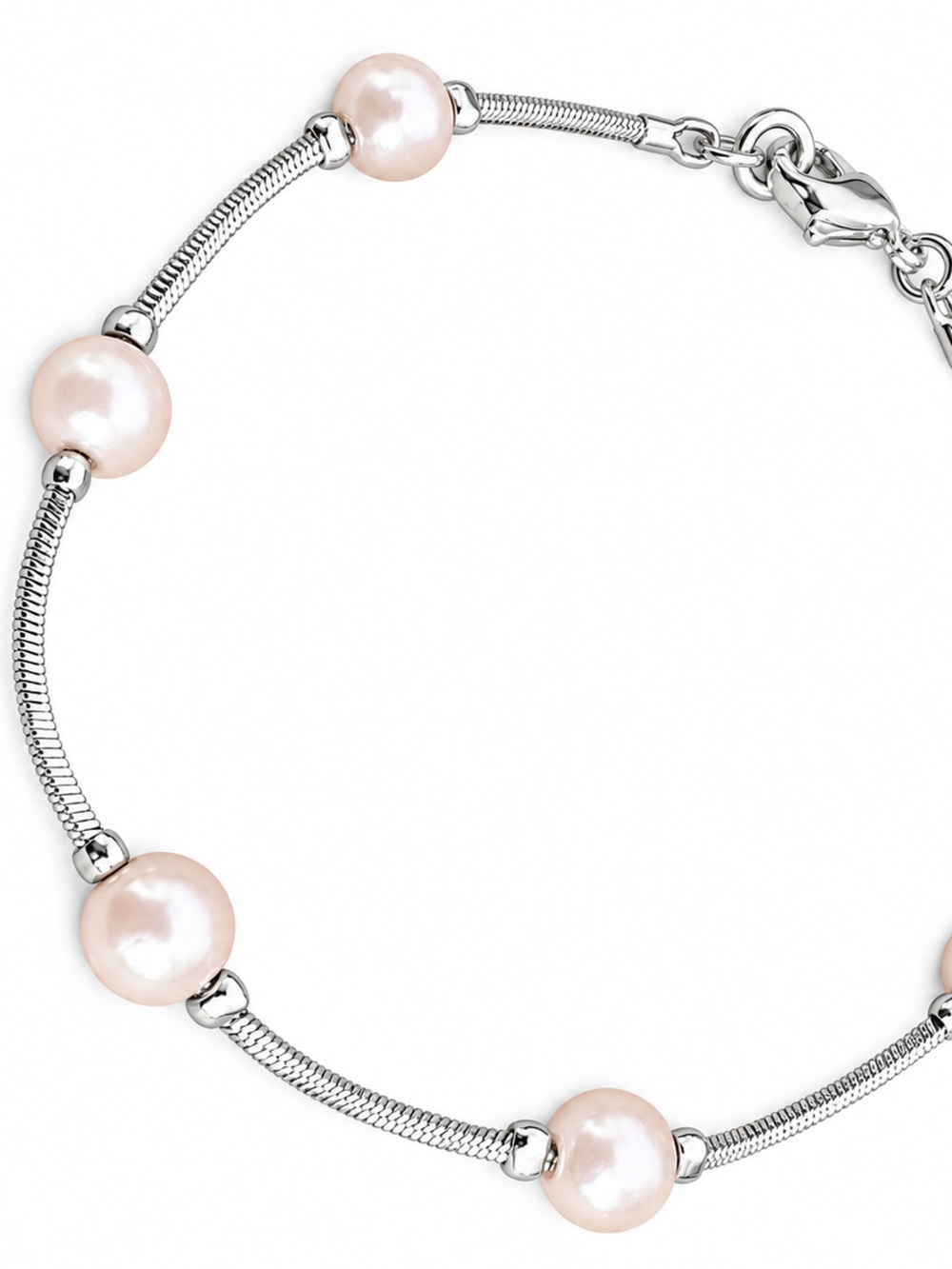 Silver Tone Faux Pearl Station Bracelet 7.5” Shiny Elegant Jewelry